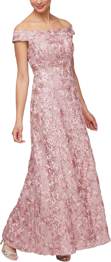 Alex Evenings Women's Long A-Line Rosette Dress