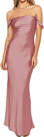 Realtix Satin Off‑Shoulder Backless Maxi Dress