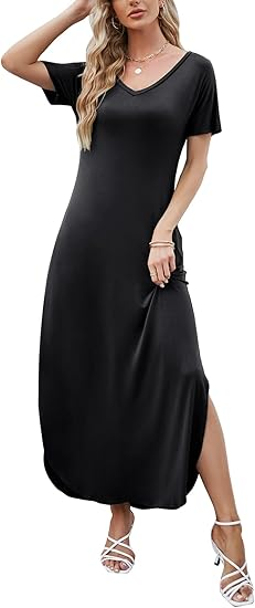 Grecerelle Short-Sleeve Split Maxi Dress with Pockets
