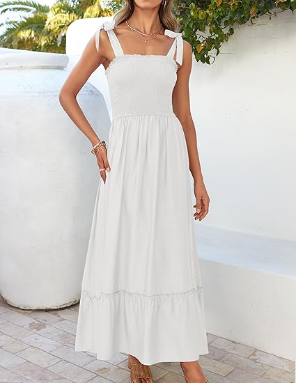 ZESICA Boho Spaghetti‑Strap Maxi Dress (White)