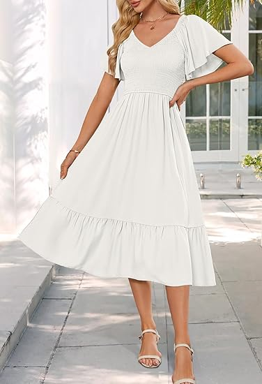  MEROKEETY Smocked V‑Neck Tiered Midi Dress (White)