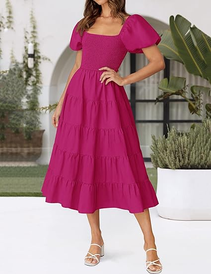 ZESICA Square‑Neck Puffy Sleeve Midi Dress (White or Pastel)