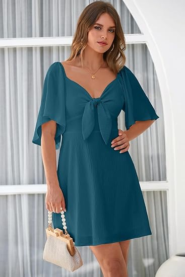 DOKOTOO Deep‑V Mini Dress with Puff Sleeves