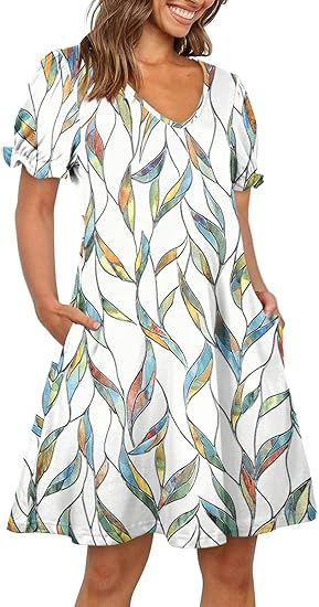 ALOODOR V‑Neck Puff‑Sleeve Shift Dress (Amazon Favorite)