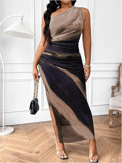 Floerns Plus‑Size Ruched One-Shoulder Mesh Maxi Dress
