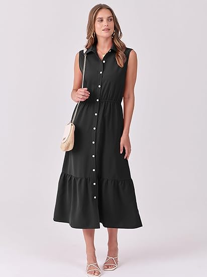 ANRABESS Sleeveless Collared Shirt Dress with Pockets