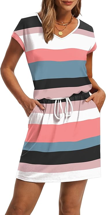 Ofeefan Short‑Sleeve Swing Dress (V‑neck, above knee)