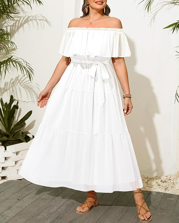 Etcyy Ruffled Chiffon Off‑Shoulder Maxi Dress