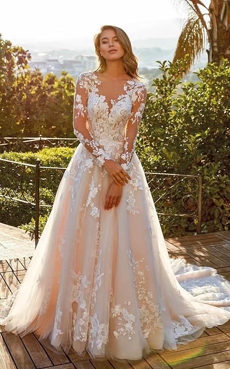 Abaowedding Women's Lace Wedding Dress with Long Sleeves