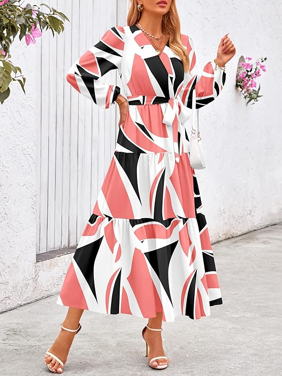 PrettyGarden Floral Boho Maxi Wrap Dress