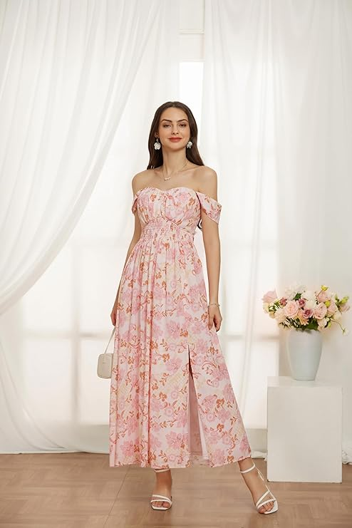 Off-Shoulder Social Midi Dress with Slit