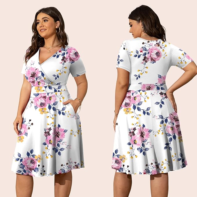 POSESHE Plus‑Size Deep V‑Neck Body Wrap Dress with Front Slit