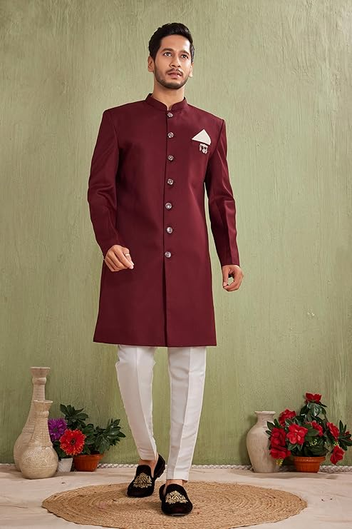 Shreyanvi Maroon Banarasi Silk Sherwani Set
