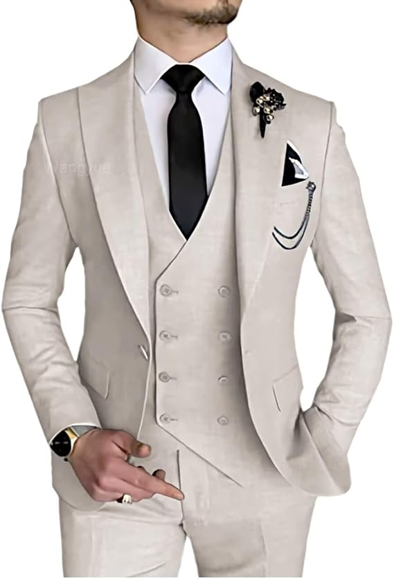 Wangyue Beige‑Black Double‑Breasted Tuxedo Set