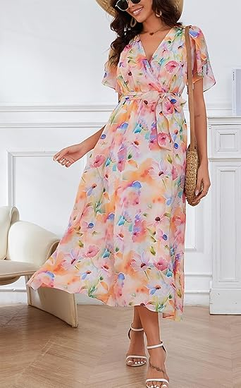  Romwe Women’s Boho V Neck Floral Wrap Dress