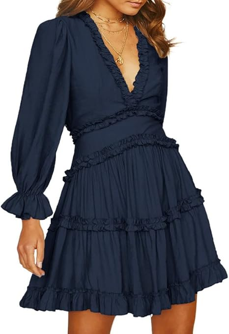 Dokotoo Deep V‑Neck Ruffle Floral Mini Dress