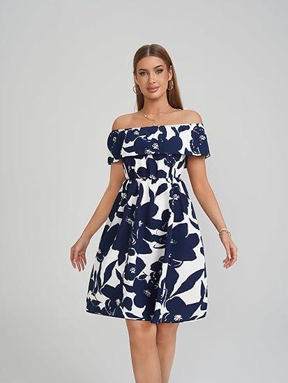 Casual Off‑Shoulder Ruffles Floral Shift Dress (SVALIY)