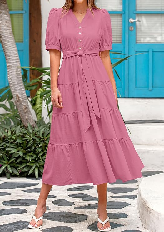 Prettygarden Short‑Sleeve Faux Wrap Dress