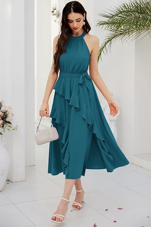 ZESICA Sleeveless Tiered Halter‑Neck Midi Dress