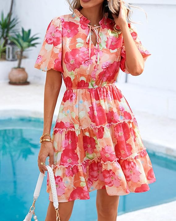 Btfbm Floral Wrap V‑Neck Ruffle Pleated Midi Dress