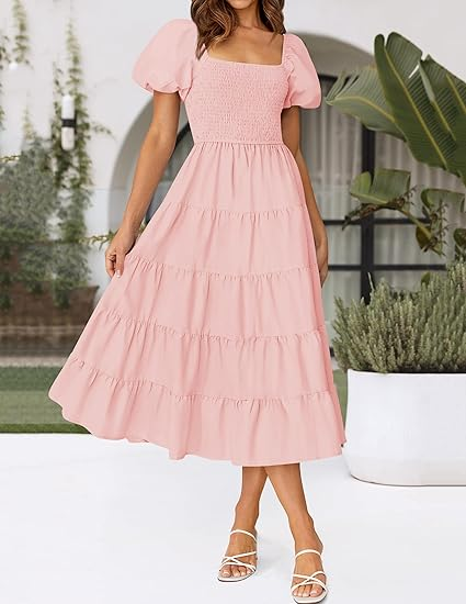  Zesica Smocked High-Waist Tiered Midi Dress