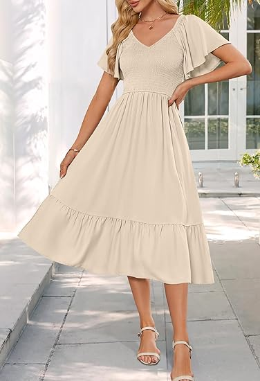 MEROKEETY Women’s V-Neck Tie Waist Midi Dress