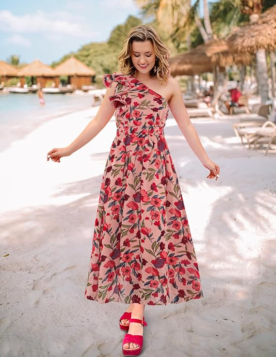 ZESICA One-Shoulder Ruffle Maxi Dress