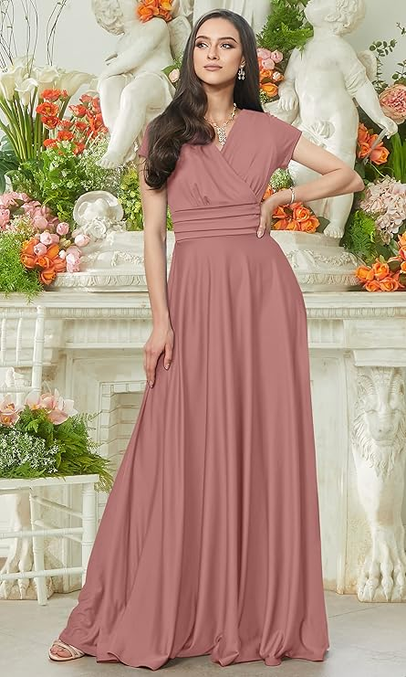 Chiffon A-Line Simple Wedding Party Dress (V-Neck, Long Flowing Skirt)