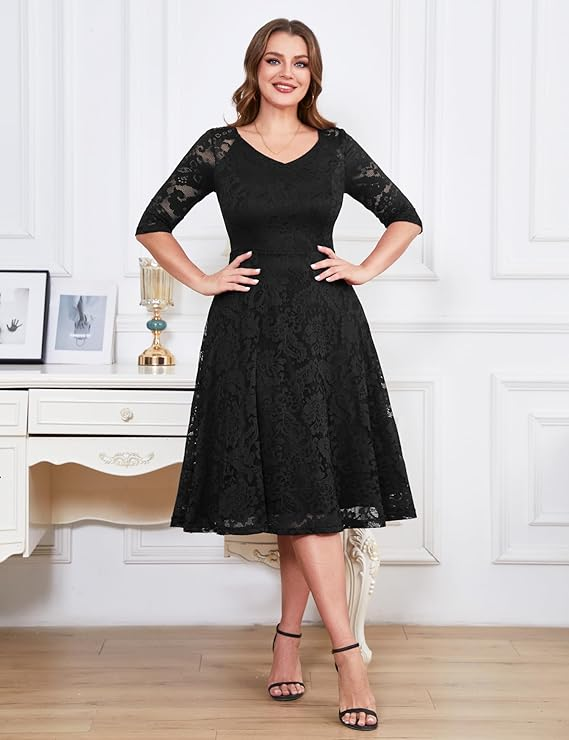 Simple Long-Sleeve Crepe / Lace Trim Dress