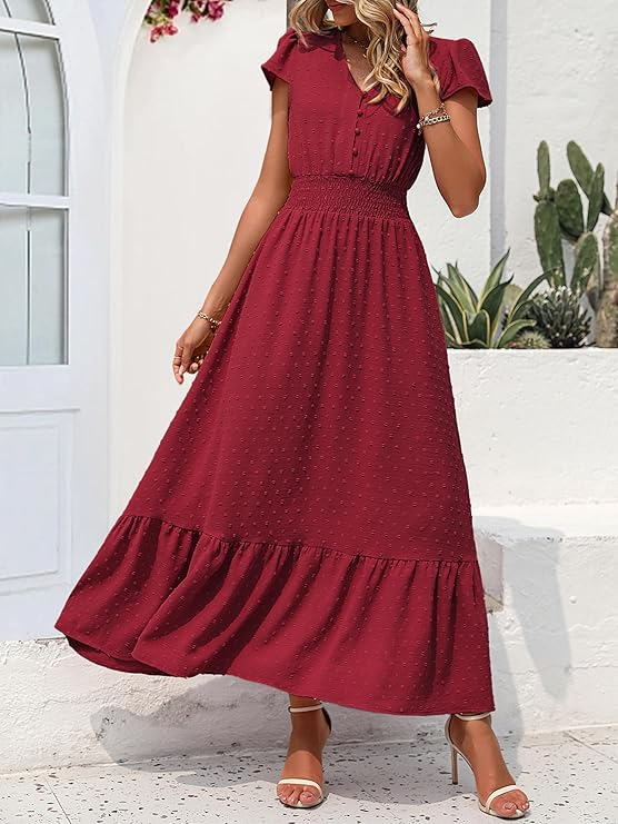 PRETTYGARDEN Women's Casual Round Neck Short Flutter Sleeve Dress