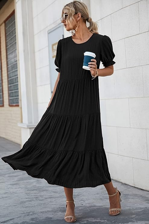 PRETTYGARDEN Women's Casual Round Neck Short Sleeve Smocked Waist Dress