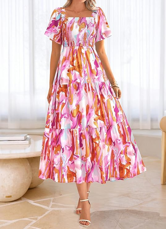 BTFBM Square-Neck Smocked Midi Dress