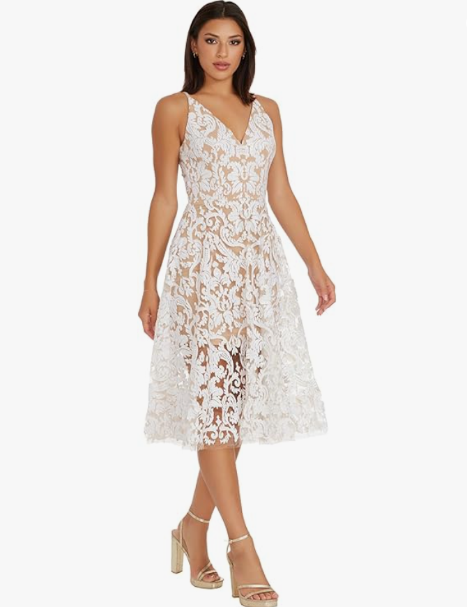 “Peilong Lace Fit and Flare Midi Dress”