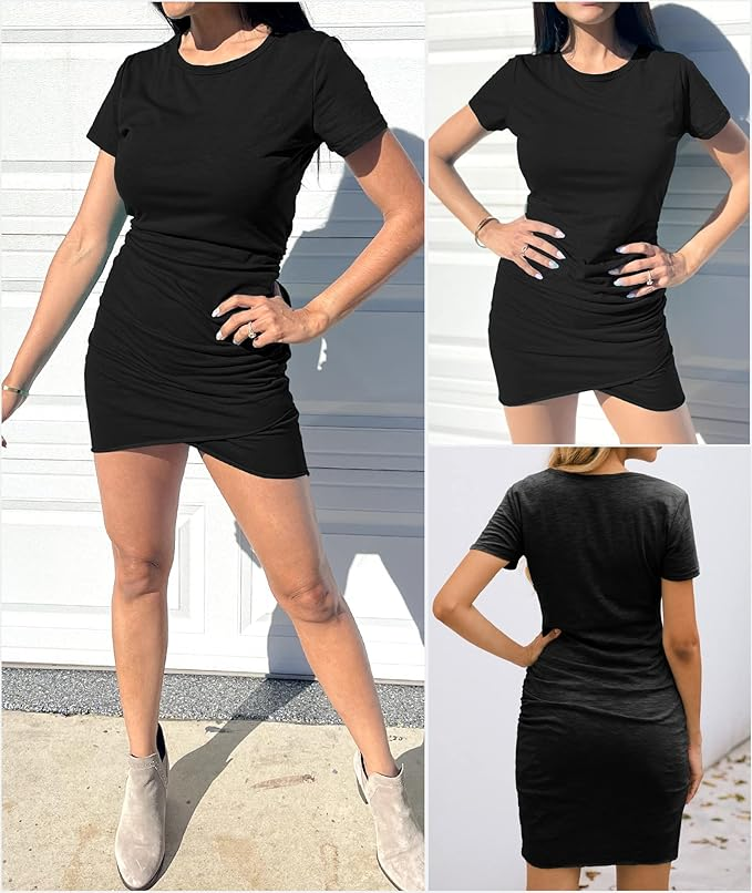 BTFBM Women’s Ruched Bodycon Short Sleeve Little Black Dress