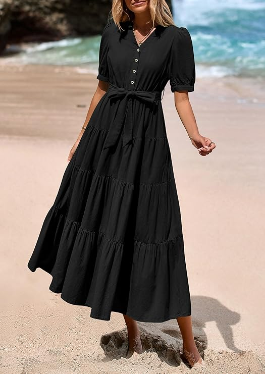 PRETTYGARDEN Women’s Wrap V-Neck Ruffle Short Sleeve Dress