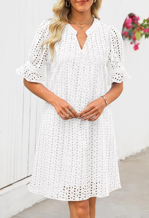 MEROKEETY Women’s Lace Ruffle Mini Dress (White)