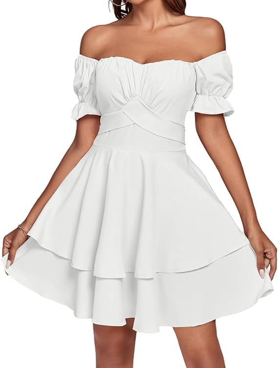 Wipalo Women’s Off-Shoulder Ruffle Mini Dress (White)