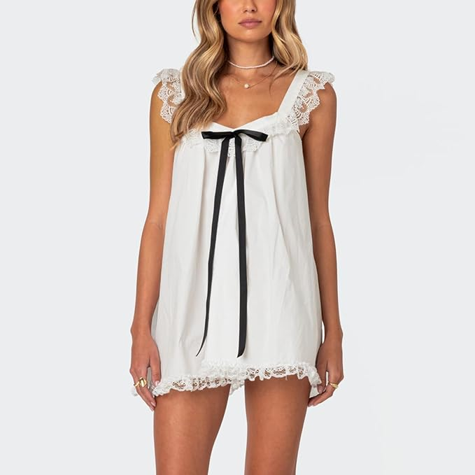Scarlett Lace Trim Flutter Strap Babydoll Mini Dress