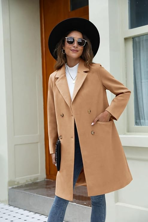 YOUSIFY Women’s Notched Lapel Collar Double-Breasted Wool Blend Overcoat