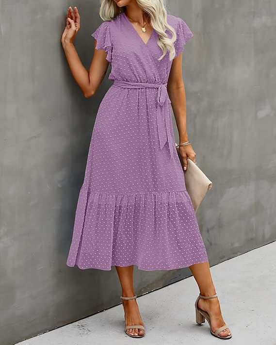 Soft Lavender Lilac Cotton Midi Dress with Belt