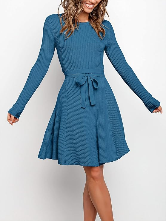 Anrabess Long Sleeve Tie Waist A-Line Mini Dress
