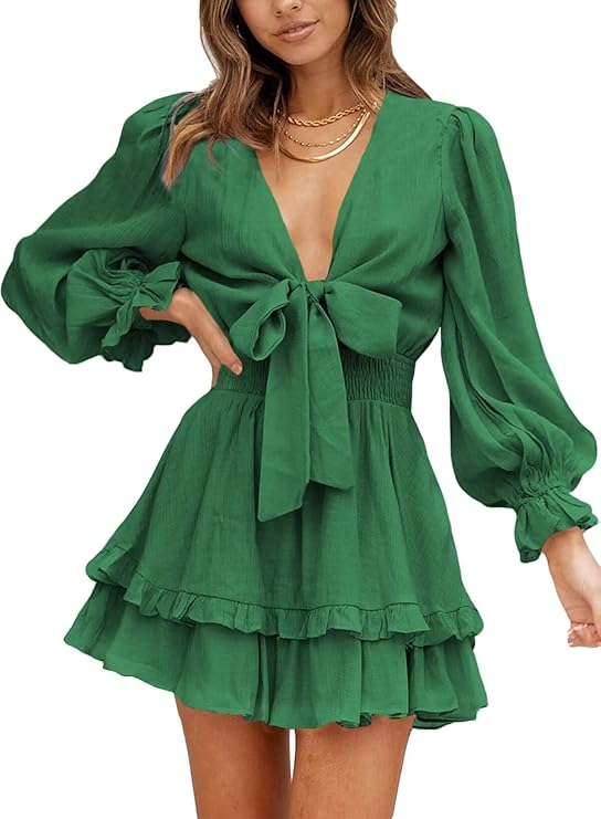 Dokotoo Women’s Deep-V Neck Ruffle Long Sleeve Open Back Flowy Mini Dress