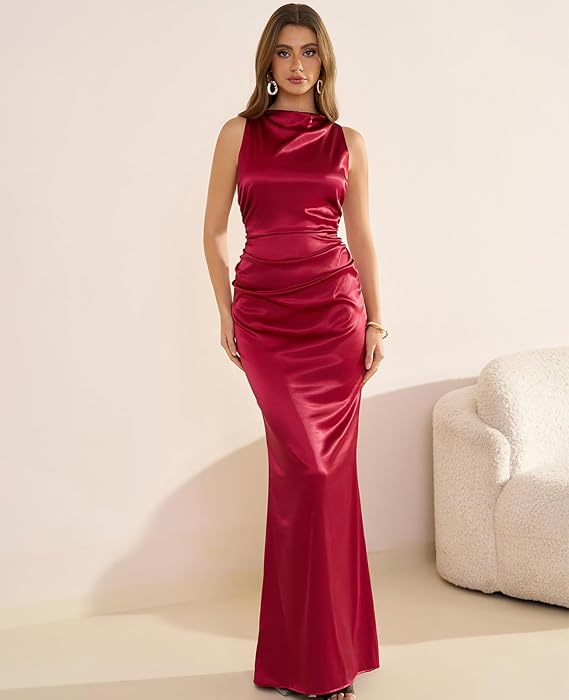  Mock Neck Satin Maxi Dress