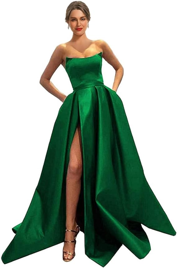 High-Slit Satin Evening Gown