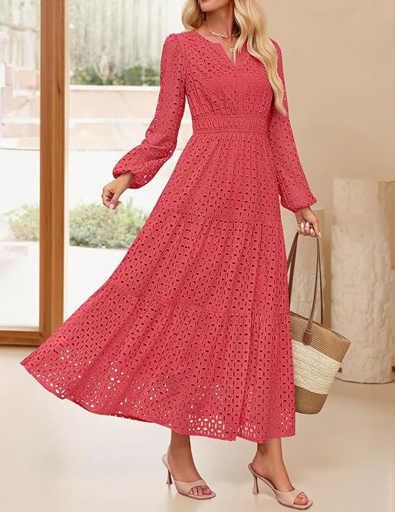  ZESICA Long Sleeve Eyelet Embroidery Dress