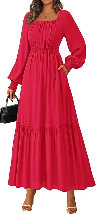  KIRUNDO Puff Sleeve Square Neck Tiered Maxi Dress