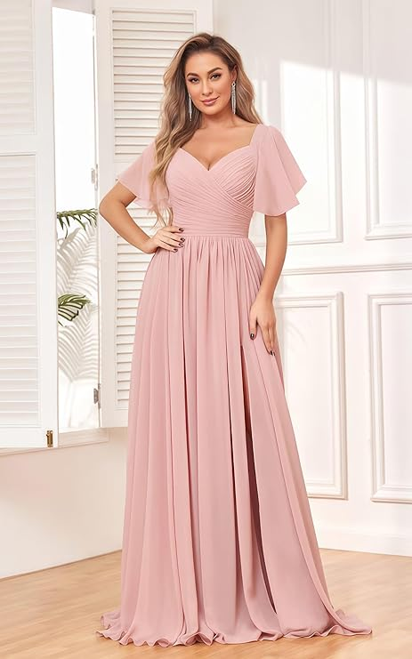 Ruffled Sleeve A-Line Chiffon Bridesmaid Dress