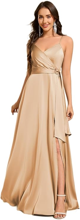 V-Neck Satin Wrap Prom Dress With Slit