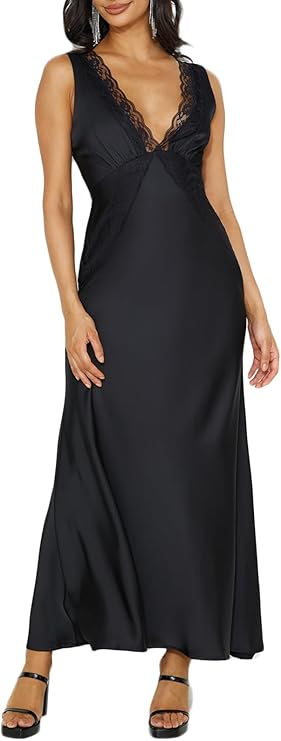 Bagone Satin Lace V‑Neck Dress