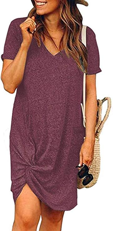  Locryz Twist Knot T-Shirt Dress – Trendy V-Neck Style